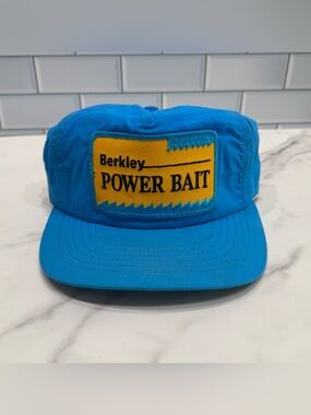Vintage 80s Berkley Power Bait Fishing Hat Original Made in USA Snap Back Blue
